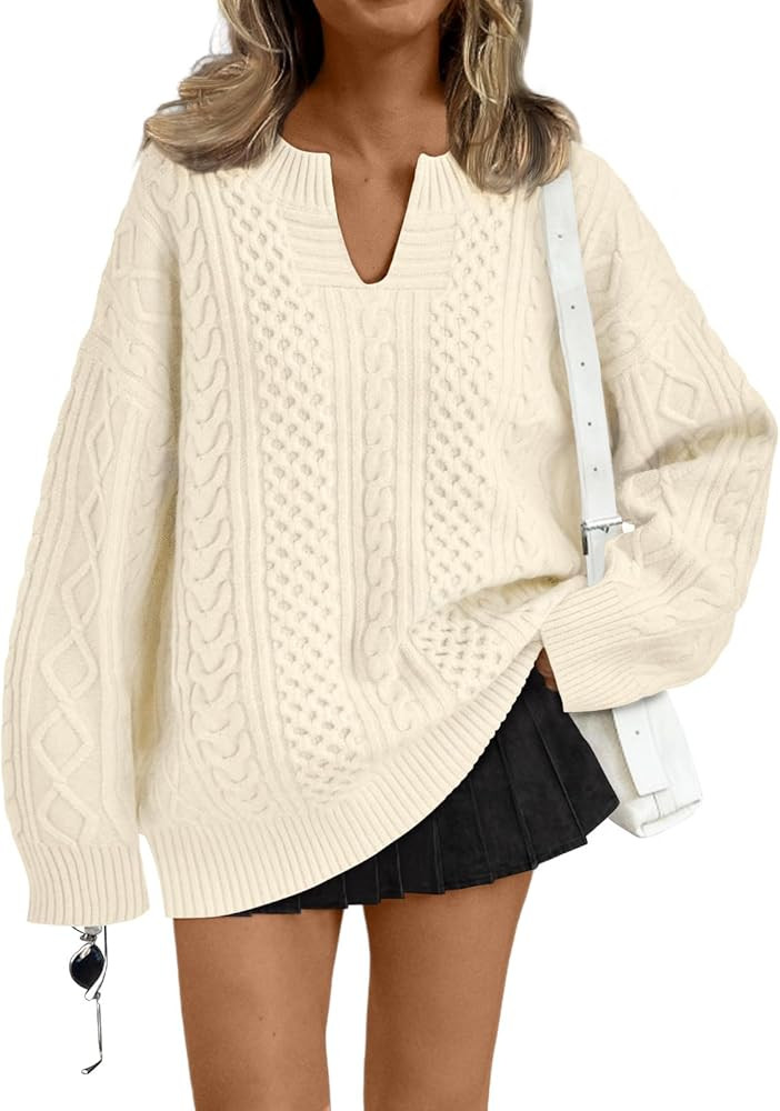 Trendy Queen V Neck Oversized Cable Knit Sweaters for Women Trendy 2025 Fall Fashion Outfits Clot... | Amazon (US)