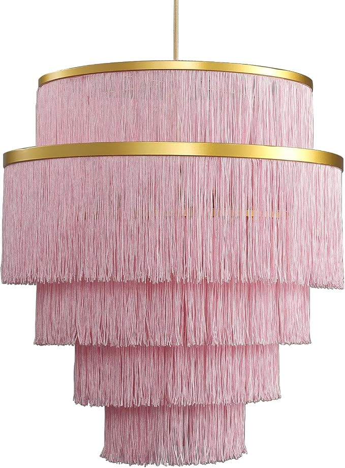5-Tiered Pink Chandelier,3 Lights Boho Fringe Pendant Light Fixture,Tassle Chandelier for entrywa... | Amazon (US)