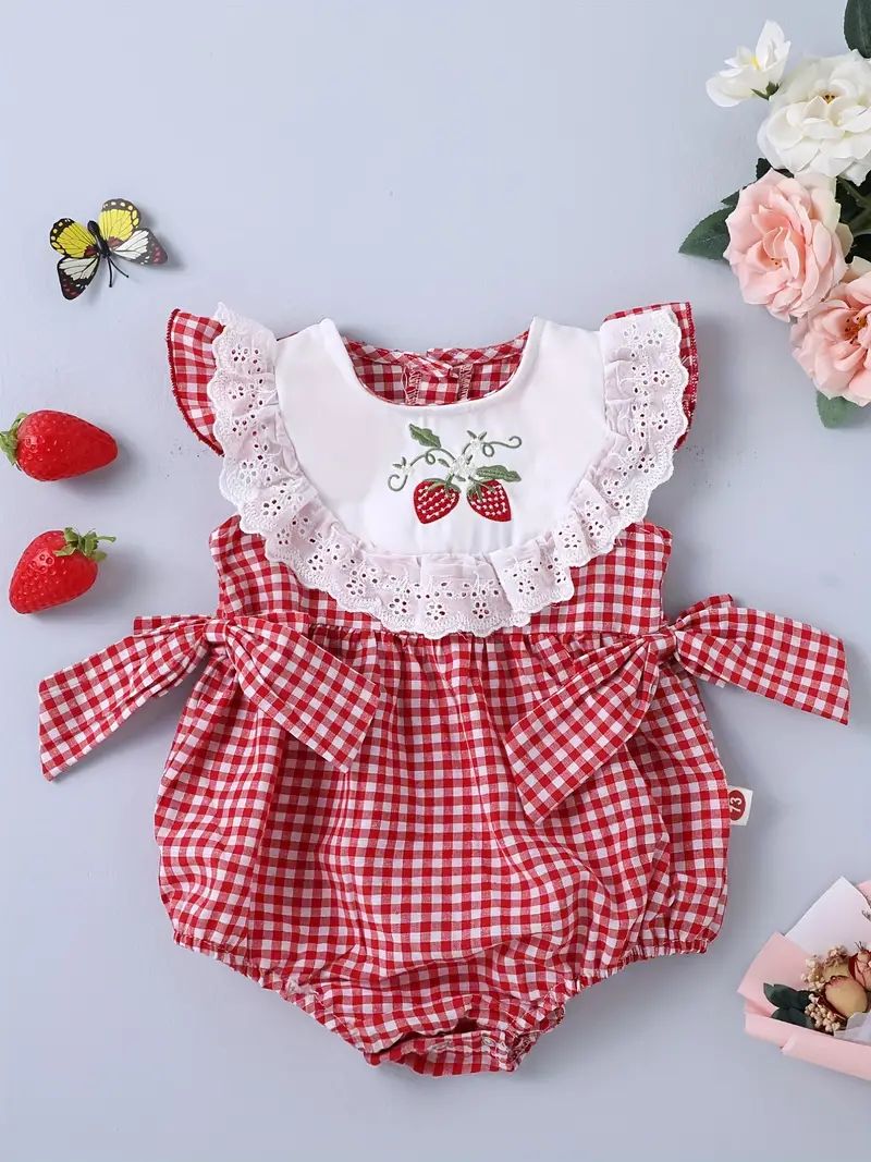 Baby Girls Cute Strawberry Embroidery Bowknot Plaid Ruffle Trim Onesie Clothes | Temu Affiliate Program