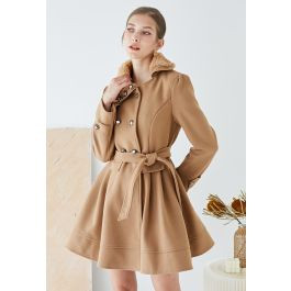 Faux Fur Collar Double-Breasted Skater Coat in Tan | Chicwish