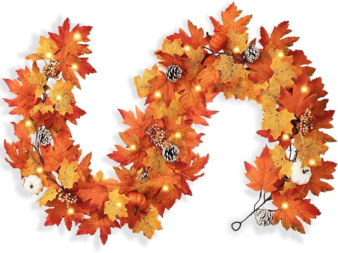 Wironlst 6FT Fall Garland with Lights,Autumn Leaves Mantle Garland with Pumpkins, Pinecones & Ber... | Amazon (US)