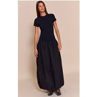 Black Dropped Waist T-Shirt Puff Ball Hem Maxi Dress | PrettyLittleThing US