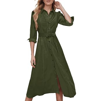 YEXPINE Women's Corduroy Maxi Dress Long Sleeve Cord Button Down Fall Shirt Long Dress with Belt | Amazon (US)