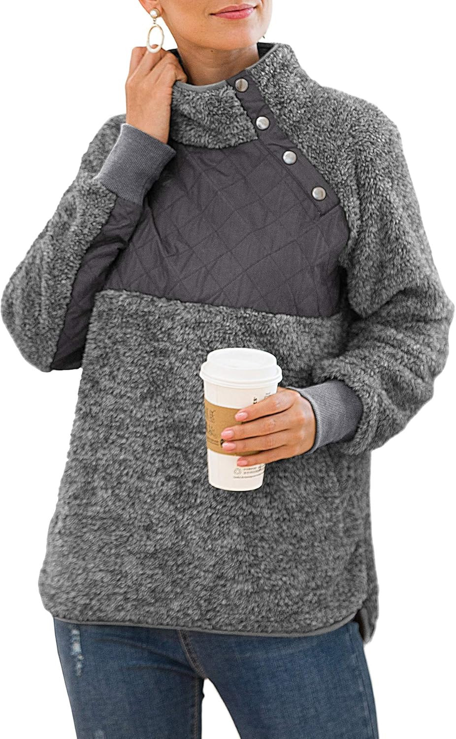 VIISHOW Women's Long Sleeves Quilt Coat Turtleneck Oblique Button Neck Sherpa Fleece Pullover Swe... | Amazon (US)