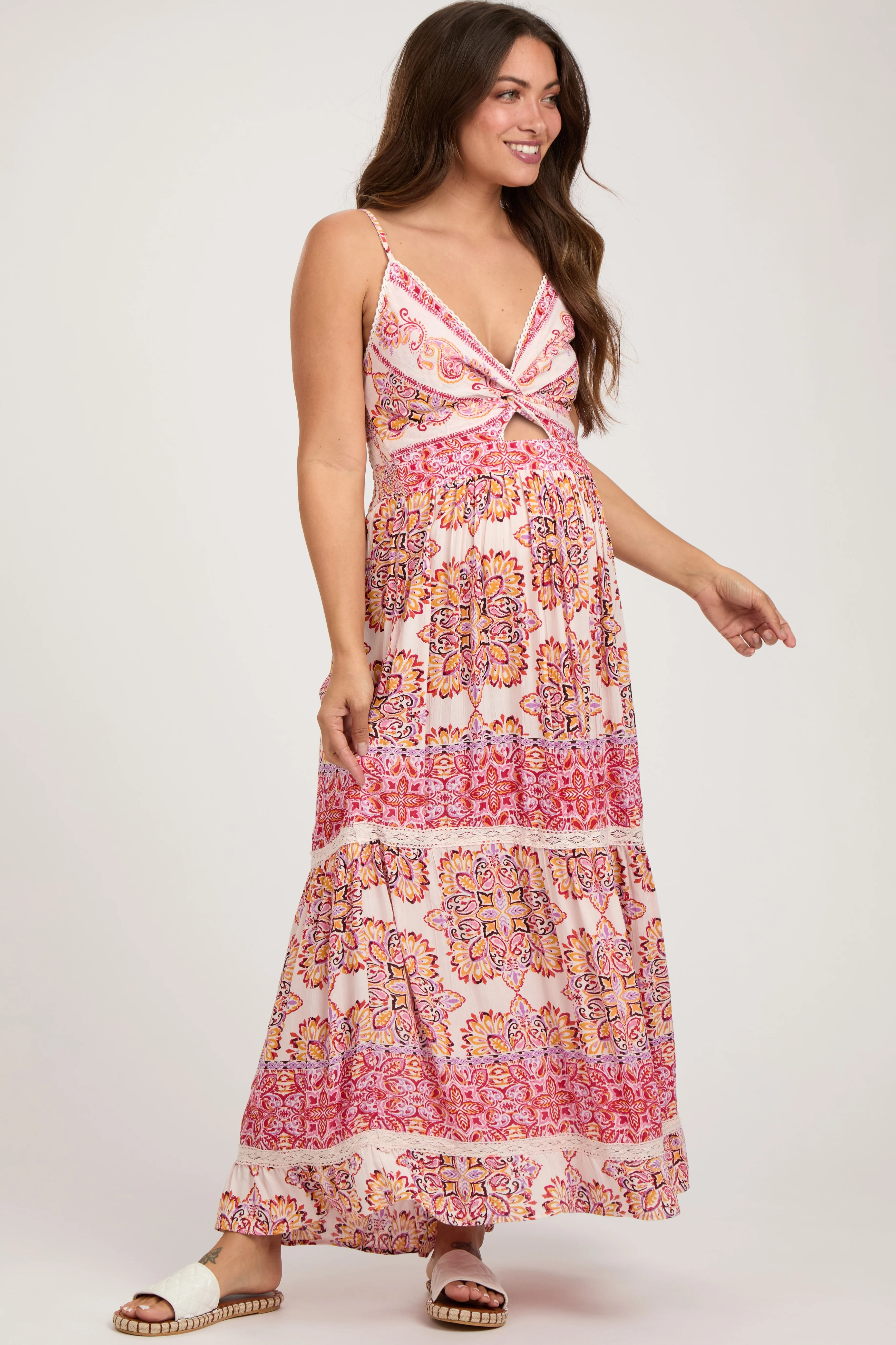 Red Floral Paisley Crochet Tiered Maternity Maxi Dress | PinkBlush Maternity
