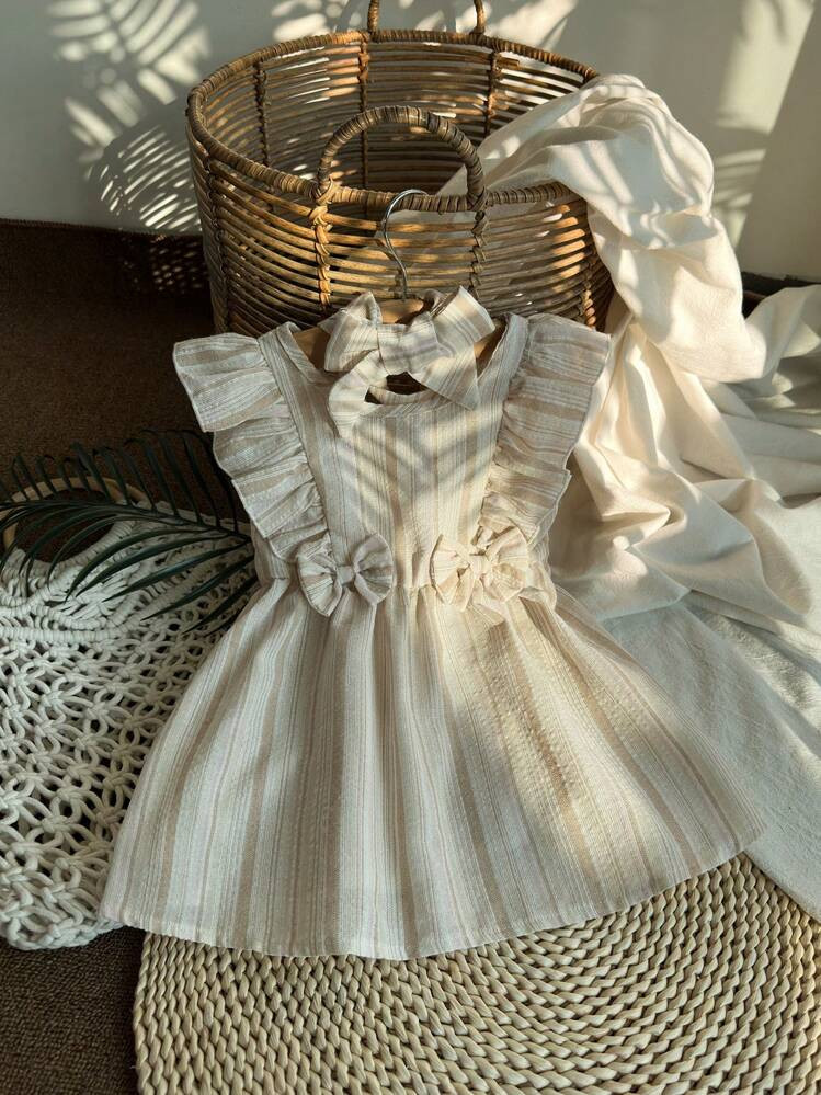 Vintaside Kids Baby Girl Dress Made Of Breathable Cotton- Fabric With Pink Apricot Stripe Elements Suitable For Spring And Summer. Also Comes With A Headband, Suitable For Seaside Holidays Or Parties, Relaxing At Home, Attending Weddings, Etc | SHEIN