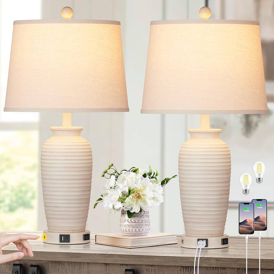 25" Farmhouse Jar Table Lamps Set of 2, 3 Way Touch Control Rustic Bedside Lamps with USB A+C Por... | Amazon (US)