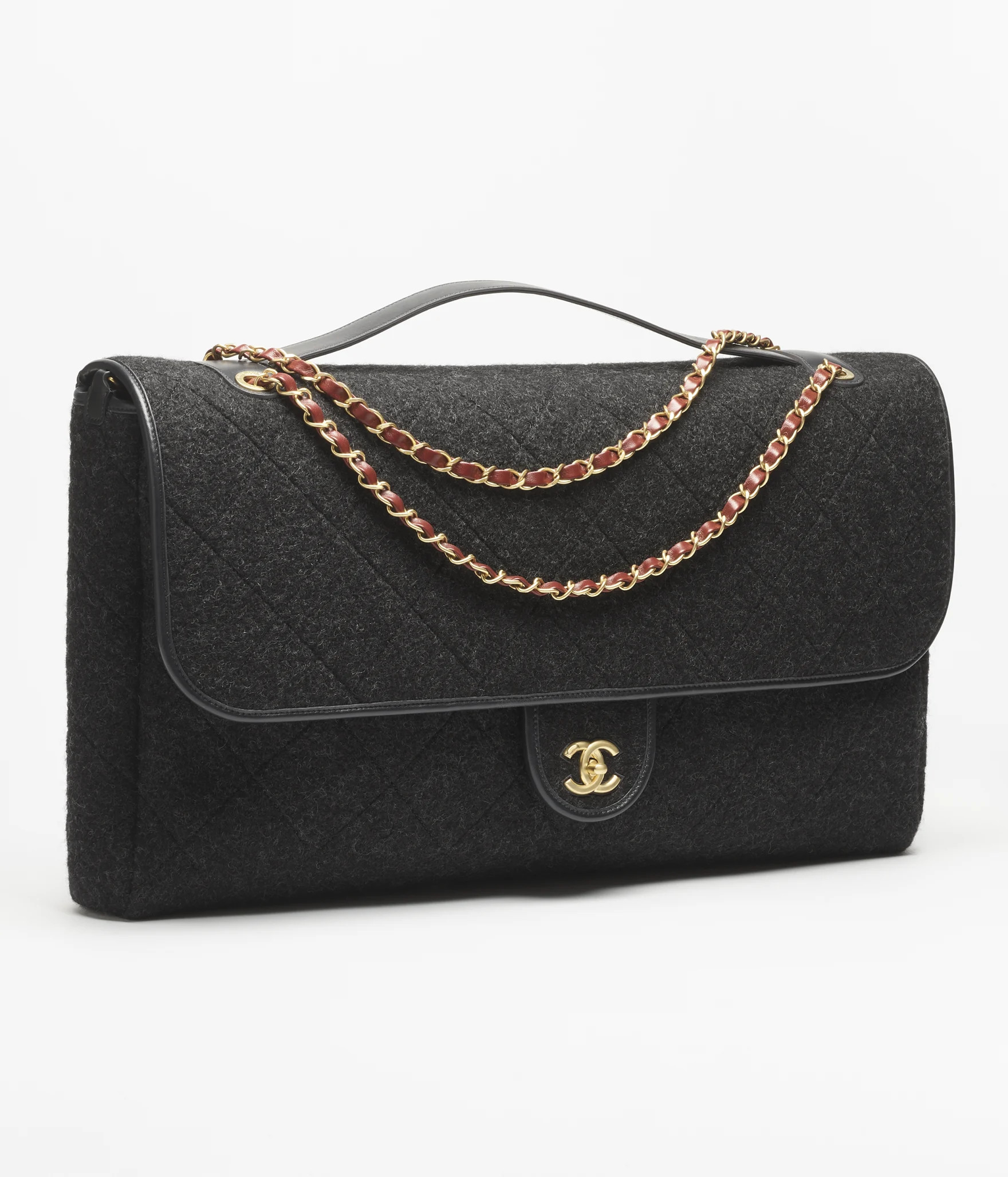 Maxi flap bag with top handle, Wool & gold-tone metal, dark gray — Fashion | CHANEL | Chanel, Inc. (US)