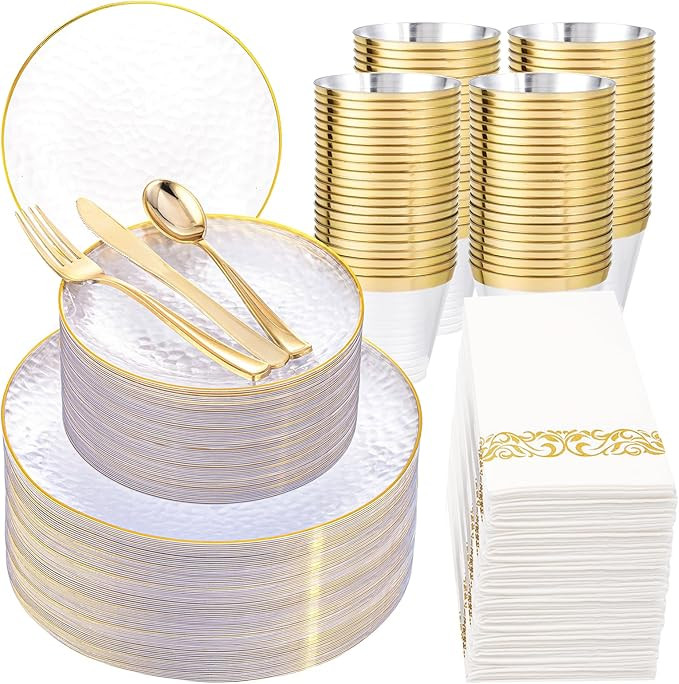 Rubtlamp 350 Pcs Clear Gold Plastic Plates, Gold Hammered Disposable Dinnerware (50 Guests), Gold... | Amazon (US)