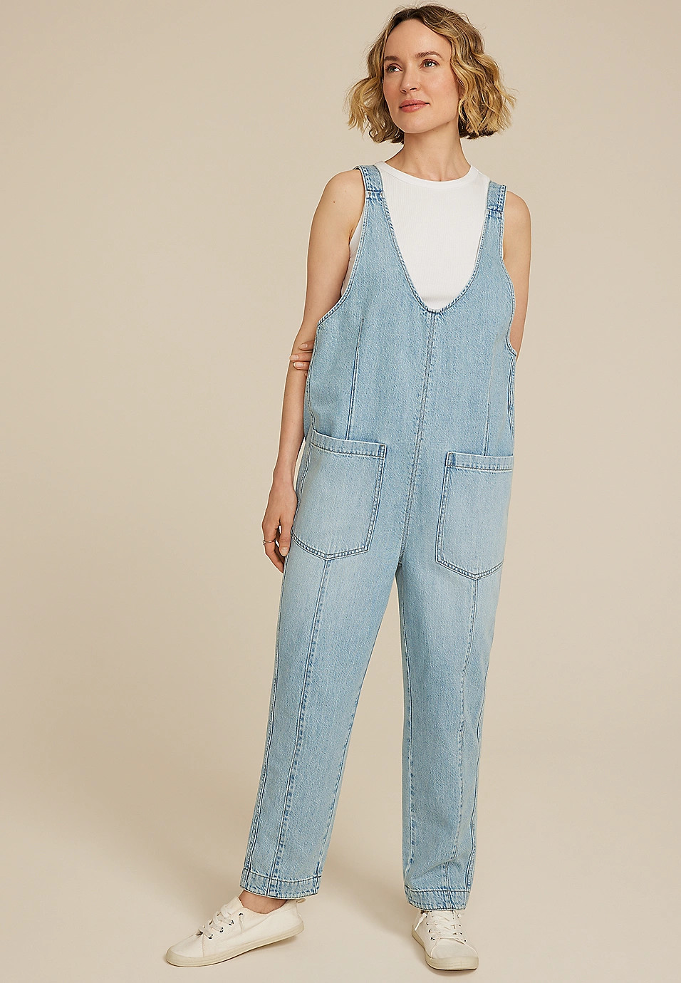 Scoop Neck Denim Overalls | Maurices
