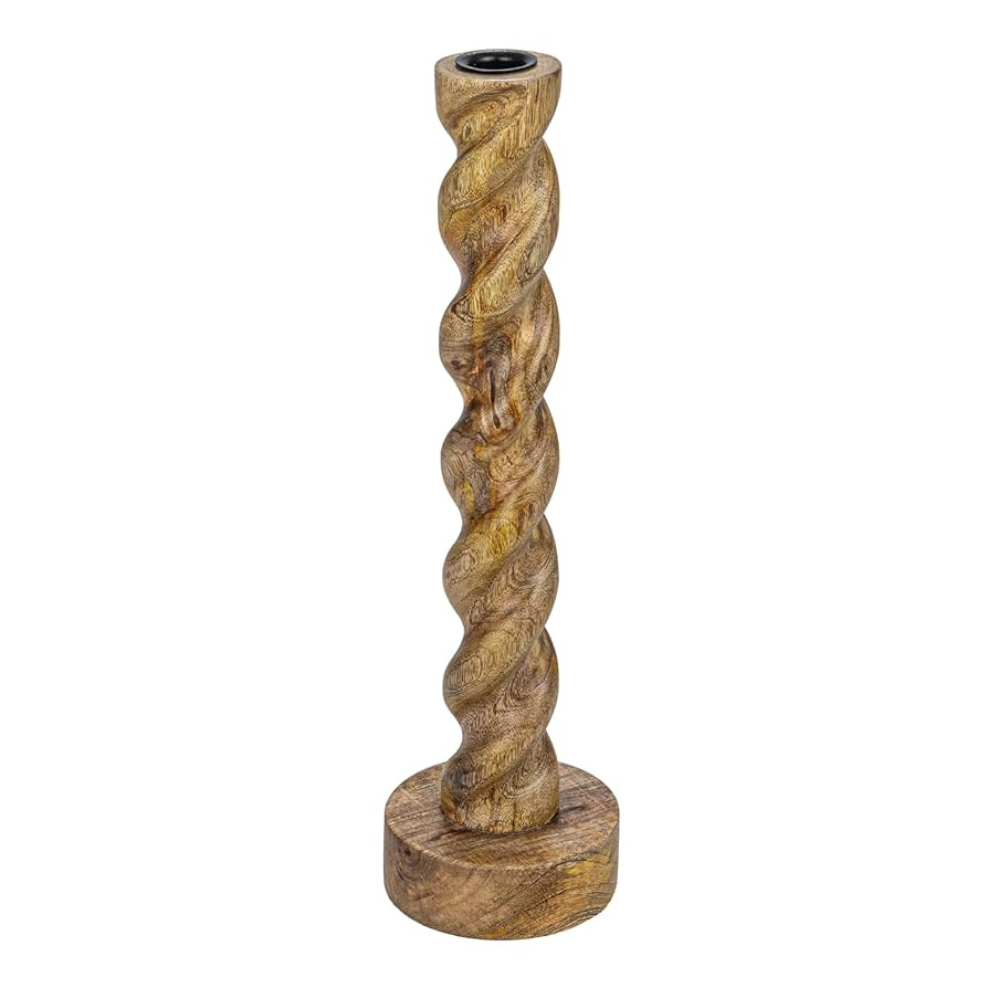 Creative Co-Op Tall Hand-Carved Mango Wood Twisted Taper Candle Holder, Natural | Amazon (US)