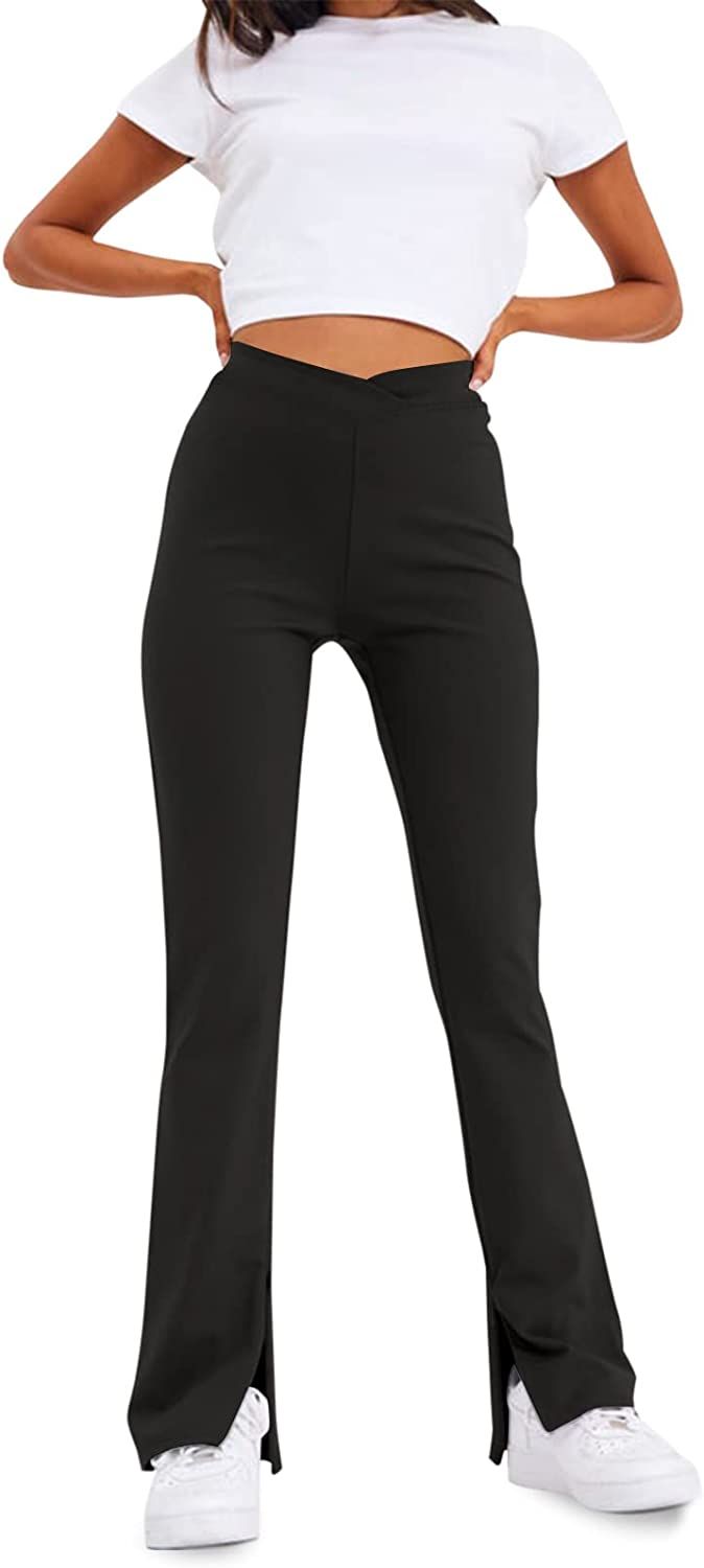 LASLULU Womens Bootleg Yoga Pants V Crossover Casual High Waisted Flare Workout Pants Leggings | Amazon (US)