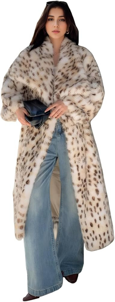 Women Large Lapel Long Overcoat Furry Comfy Leopard Faux Fur Pocketed Dress for Daily Shopping | Amazon (US)