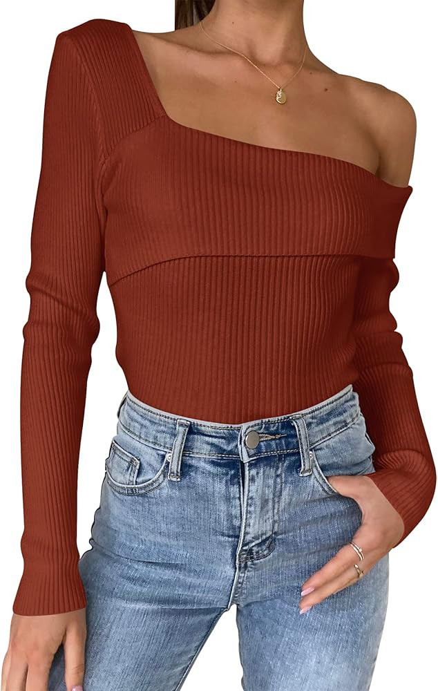 ANRABESS Women's Long Sleeve Off Shoulder Crop Top Ribbed Knit Slim Fit Casual Solid Pullover Swe... | Amazon (US)