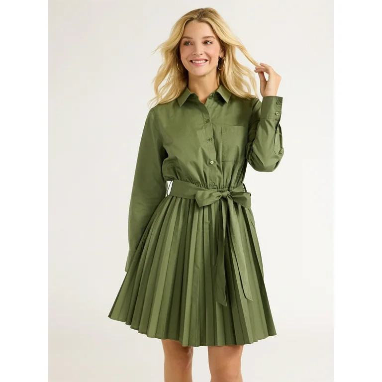 Free Assembly Women’s Pleated Mini Shirtdress with Long Sleeves, Size XS-XXL - Walmart.com | Walmart (US)