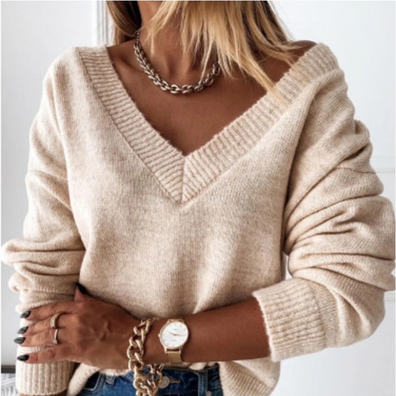 Bnwani Womens Sweaters Dressy Casual Cream Solid Color Long Sleeve Pullover Deep V-Neck Shirt Swe... | Walmart (US)