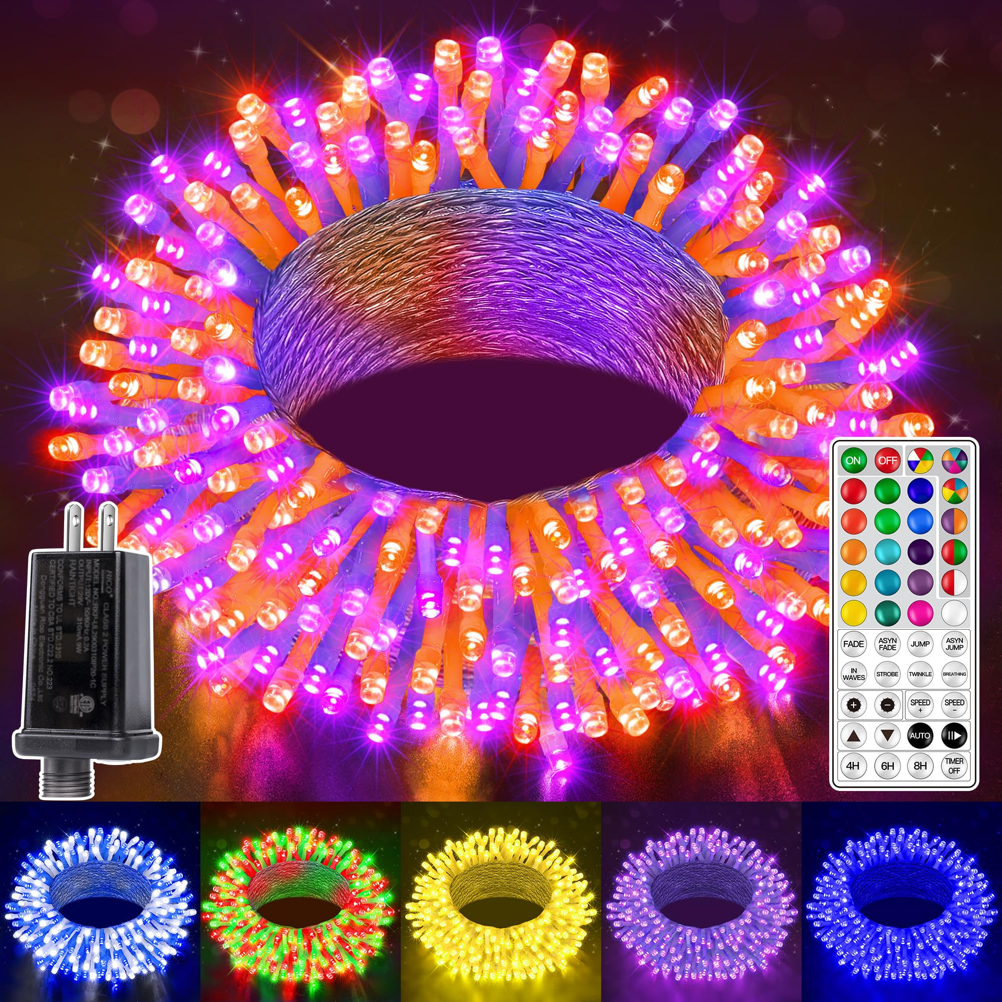 Ollny RGB Halloween Lights 100 LEDs 33 FT Clear Wire, 130 Modes Color Changing Connectable Christ... | Amazon (US)