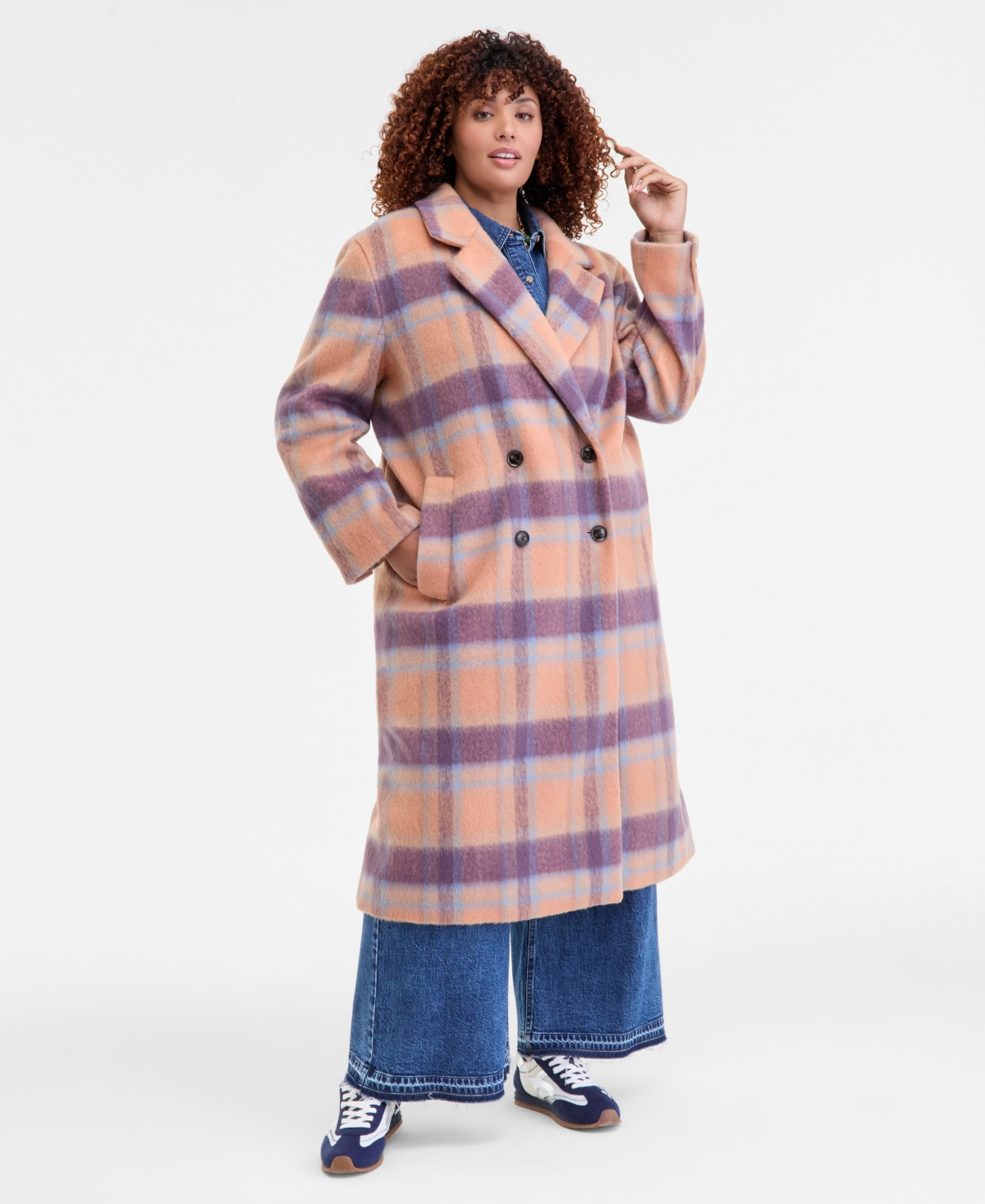 On 34th Trendy Plus Size Plaid Double-Breasted Coat, Macy's Exclusive - Peach Combo | Macy's