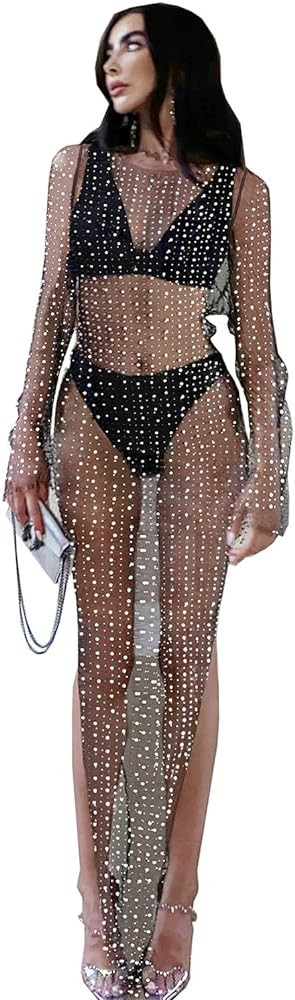 Ypser Pearl Mesh Rhinestone Cover Up See Through Mesh Maxi Dress Summer Beach Sheer Dress | Amazon (US)