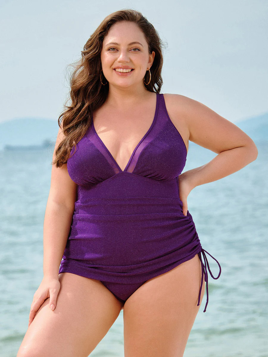 Purple Ruched Drawstring Plus Size One-Piece Swimsuit & Reviews - Purple - Sustainable Plus Size ... | BERLOOK