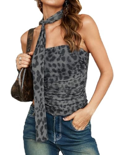 Milumia Women's Leopard Print Tube Top Cheetah Mesh Halter Top with Scarf Party Club | Amazon (US)