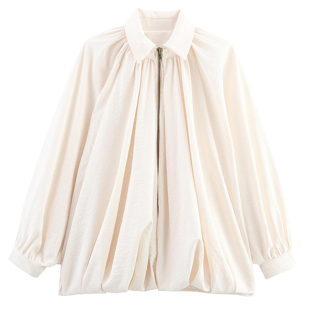 Womens Puffed Bomber Jacket Casual Batwing Sleeve Lapel Collar Zip Shirts Oversized Pleated Stree... | Amazon (US)