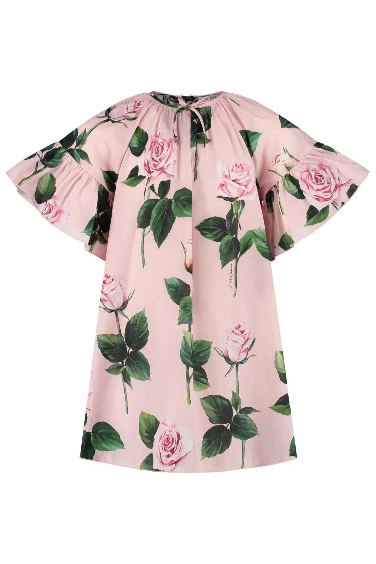 Dolce & Gabbana Kids Rose-Printed Gathered Dress | Cettire Global