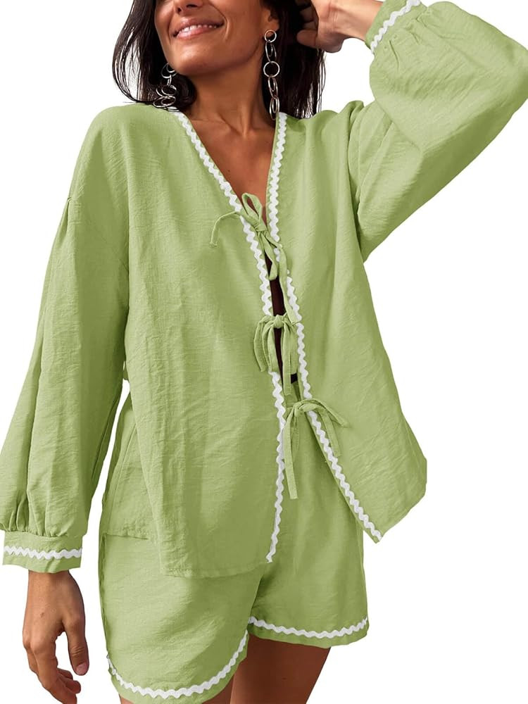 Tankaneo Womens 2 Piece Pajama Lounge Linen Set Tie Front Long Sleeve Shirt Shorts Sets Vacation ... | Amazon (US)