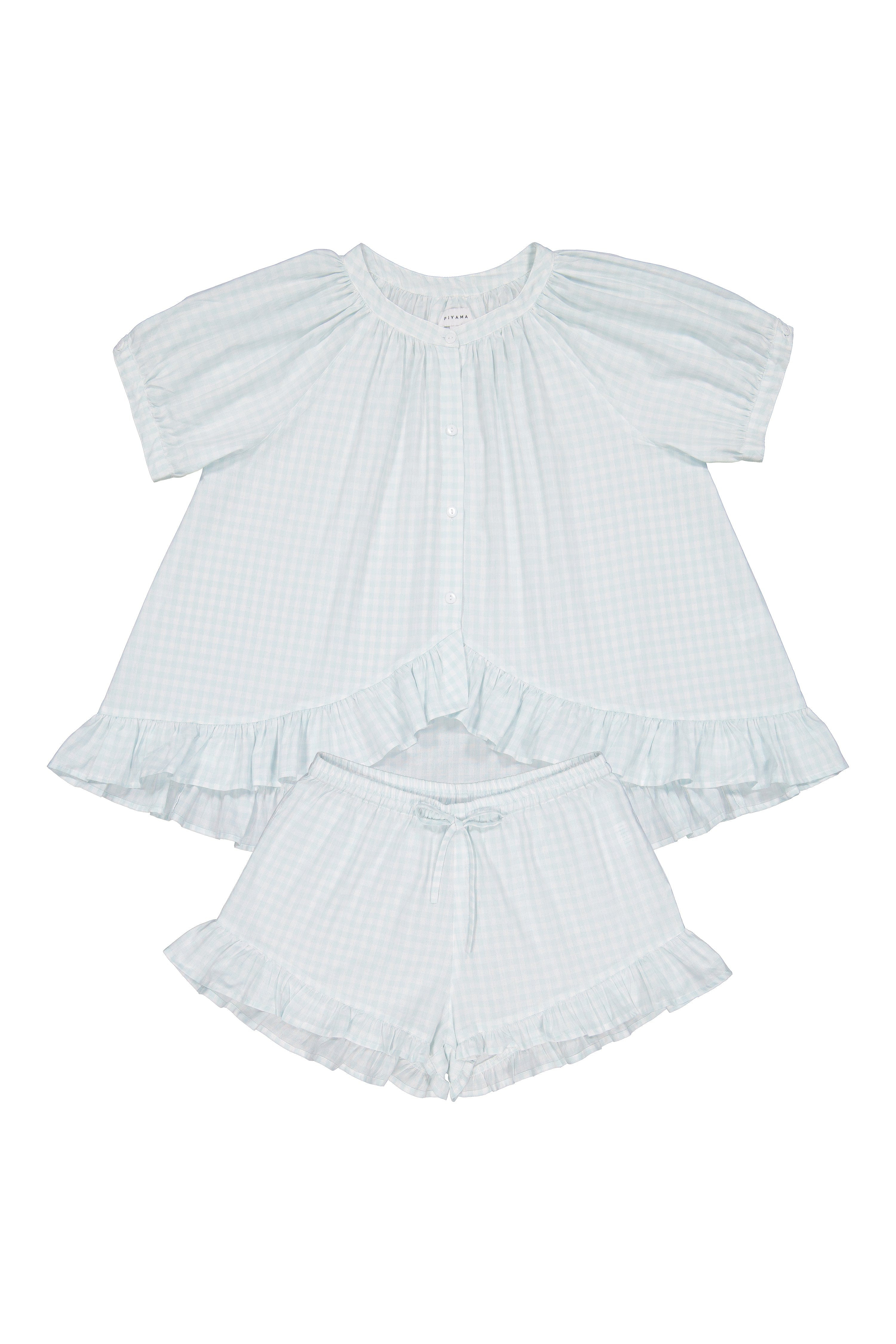 Sophie Sleep Set - Cotton - Gingham Pale Blue | Piyama US