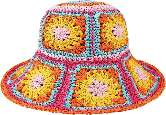 Floppy Straw Sun Hat Foldable Packable Wide Brim Summer Beach Hat Crochet Bucket Hat for Women | Amazon (US)