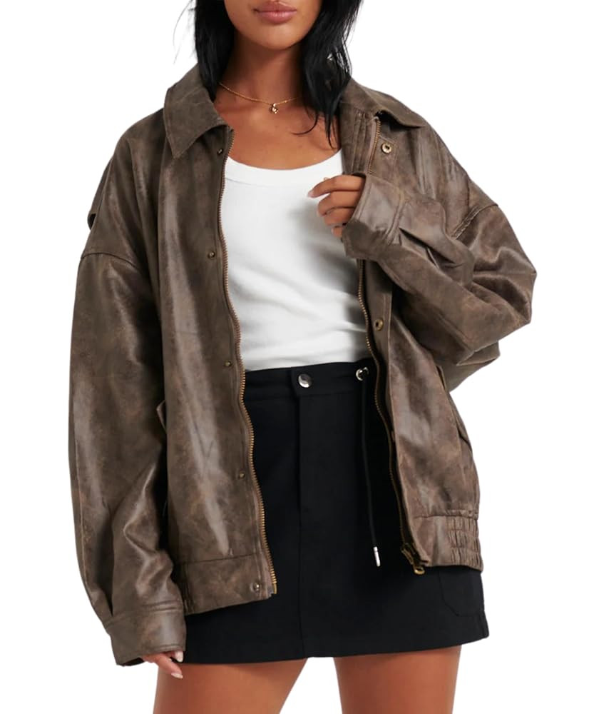 Women's Faux Leather Jacket Zip Up Short Fitted Slim Coat Bomber Jacket Women | Amazon (US)
