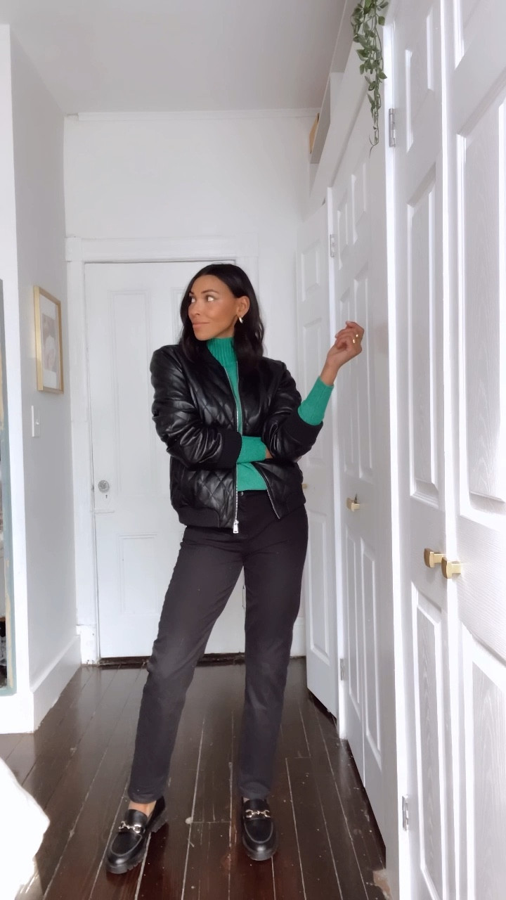 Come get ready with me to head to my co-working space✨ I’m pairing my black jeans and turtleneck with a pair of loafers that are currently trending,I’m layering the look with a faux leather bomber jacket and a pair of gold hoop earrings✨ For office days I like to be cozy, casual but still stylish and I accomplish just that with @loft ✨Shop this look with link in bio/ stories in my @shop.ltk ✨

#LTKstyletip #LTKsalealert #LTKunder100
