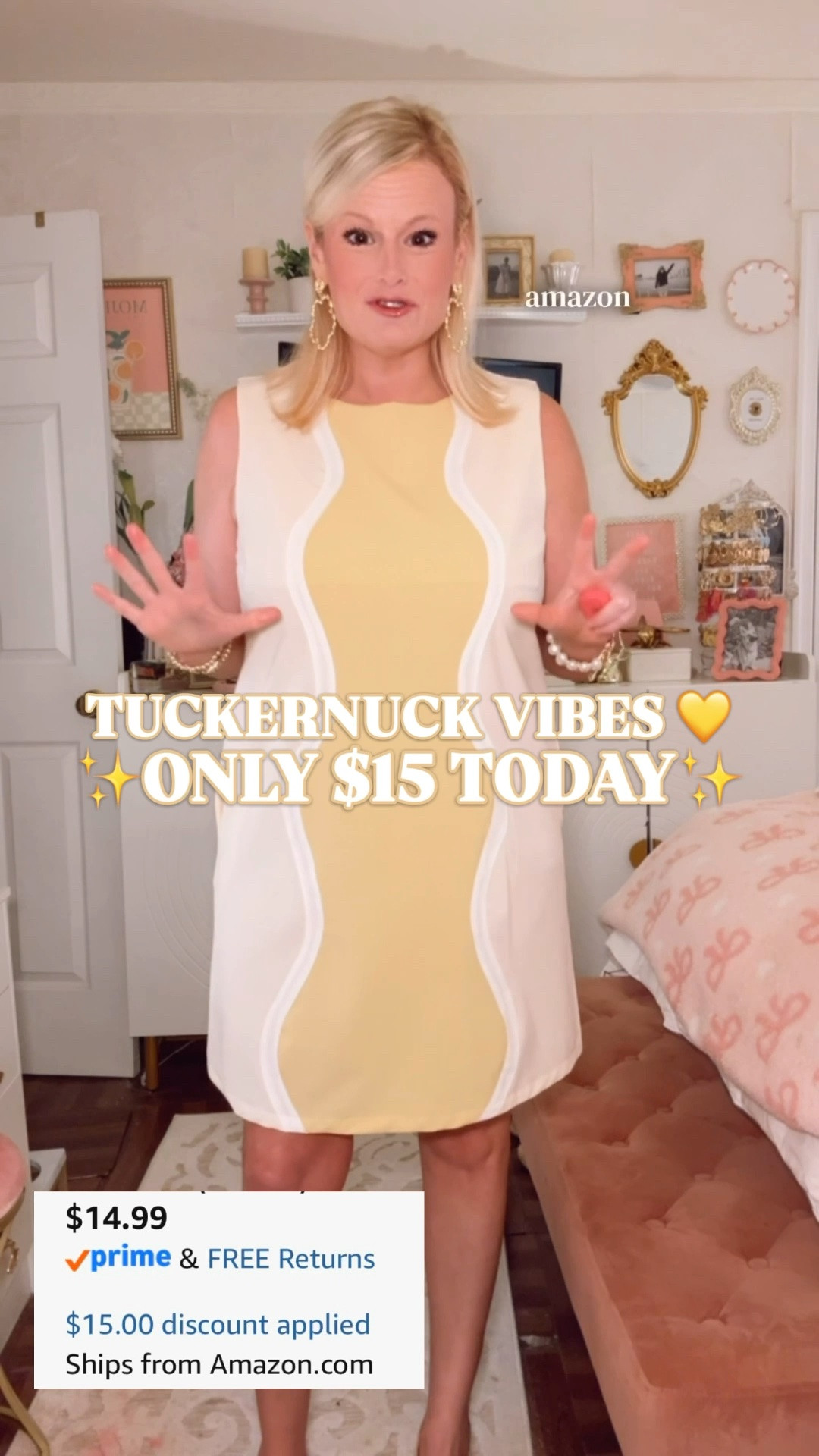Use promo code IVA3FDAZ in the Amazon checkout promo code field to get this dress for $15 today. Code expires 6/23.

Tuckernuck look for less | Amazon summer dress | colorblock shift dress | vacation dress | summer outfit

This is the $15 Amazon dress that scratches the Tuckernuck itch immediately.

The lemon yellow center, creamy side panels, wavy white trim, sleeveless shift shape, and clean mini length give it that polished preppy resort look without the Tuckernuck price tag. It looks like the kind of colorblock summer dress you would expect to see in a boutique vacation edit, not sitting on Amazon for $15 with a promo code.

I’m in a medium. True to size with an easy relaxed shift fit. Available in 3 colors.

This is the dress you buy before the summer plans hit because it solves the outfit fast: vacation dinners, resort lunches, beach town shopping, summer brunch, date nights, bridal showers, baby showers, church, casual wedding guest plans, country club lunches, patio dinners, and warm weather weekends.

Add gold sandals, raffia slides, pearl earrings, white sandals, wedges, a woven bag, or a denim jacket and the outfit is done.

If you love Tuckernuck inspired dresses, preppy summer dresses, Amazon dresses that look expensive, yellow mini dresses, colorblock shift dresses, resort dresses, vacation outfits, Palm Beach style, and designer looks for less, this is the $15 code deal to cart before the best colors move.

Tuckernuck look for less, Tuckernuck inspired dress, Amazon summer dress, Amazon dress, Amazon fashion find, colorblock shift dress, yellow mini dress, sleeveless shift dress, preppy summer dress, summer dress women, summer outfit, vacation dress, resort dress, beach vacation outfit, bridal shower dress, baby shower dress, date night dress, church dress, casual wedding guest dress, Palm Beach style, designer look for less, Amazon promo code

#LTKFindsUnder50 #AmazonDailyDeals #Tuckernuck #LillyPulitzer #DailyDeals #WeddingGuestDress #SummerDress #PreppyStyle #LookForLess

#LTKSeasonal #LTKSaleAlert #LTKWedding