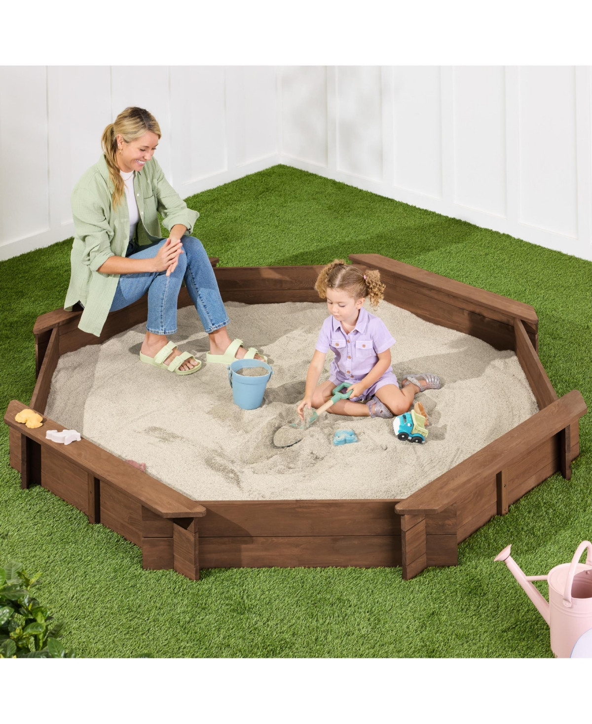 Best Choice Products Kid's Octagonal Wooden Outdoor Sandbox w/ Benches, 8 Seats, Cover, Xl Sandpit, Liner - Walnut | Macy's