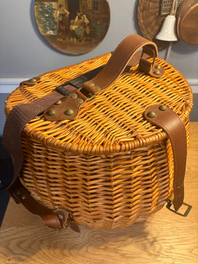 Fishing Creel Style Wicker Picnic Basket, Carrying Basket With Lid and Shoulder Strap Vintage - E... | Etsy (US)