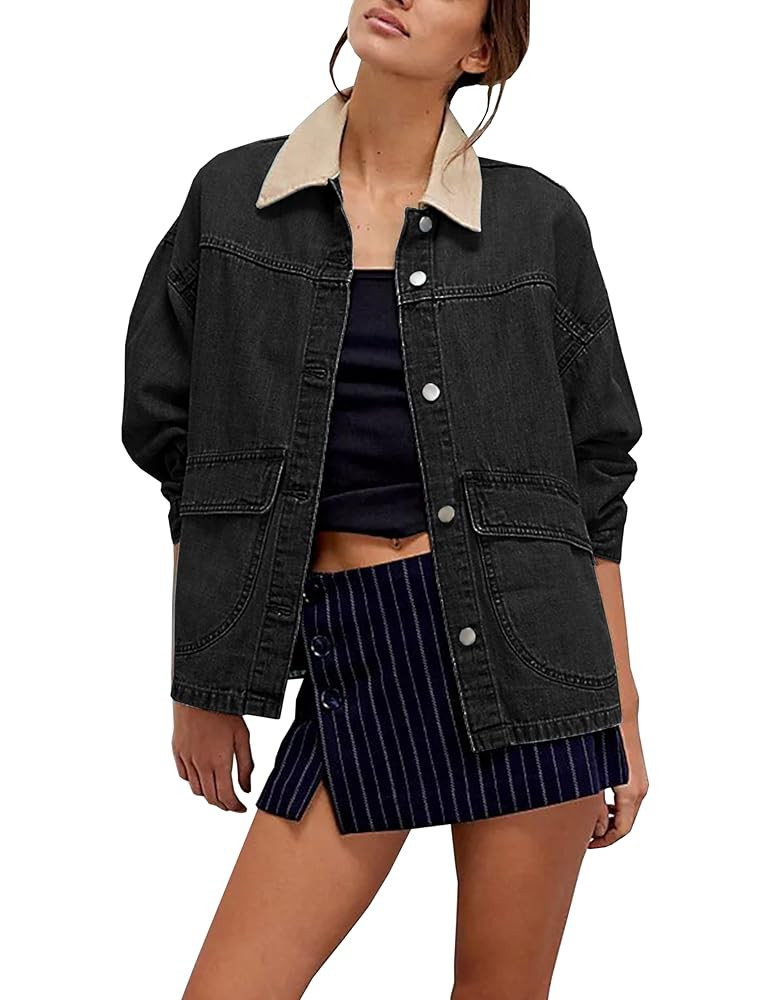 Lumister Women's Oversized Denim Jacket with Contrast Trim Long Sleeve Button Down Jean Coat with... | Amazon (US)