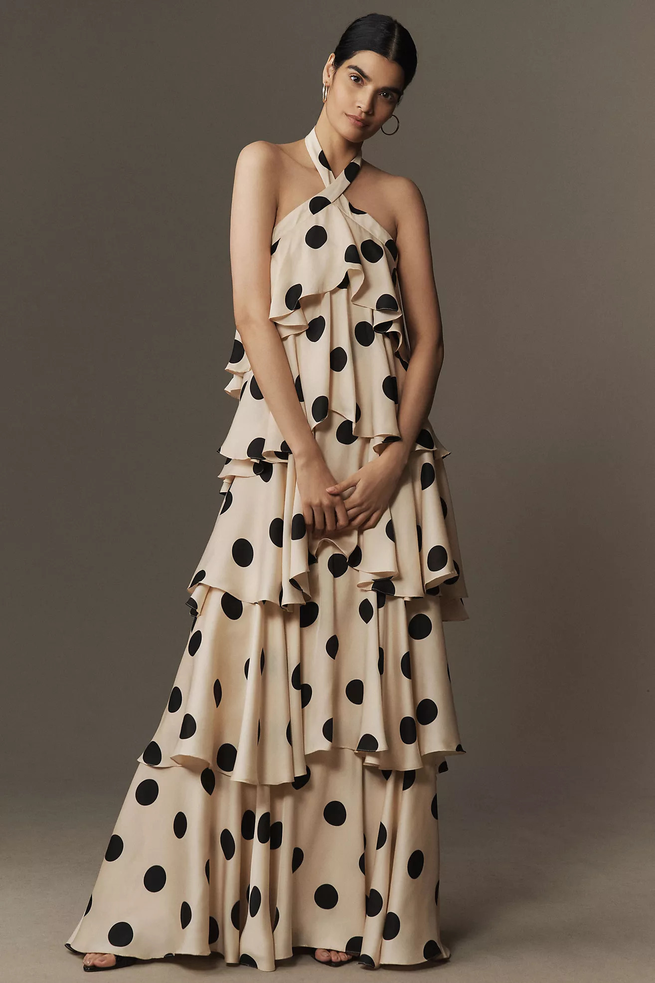 Mac Duggal Halter Polka Dot Ruffle Charmeuse Maxi Dress | Anthropologie (US)