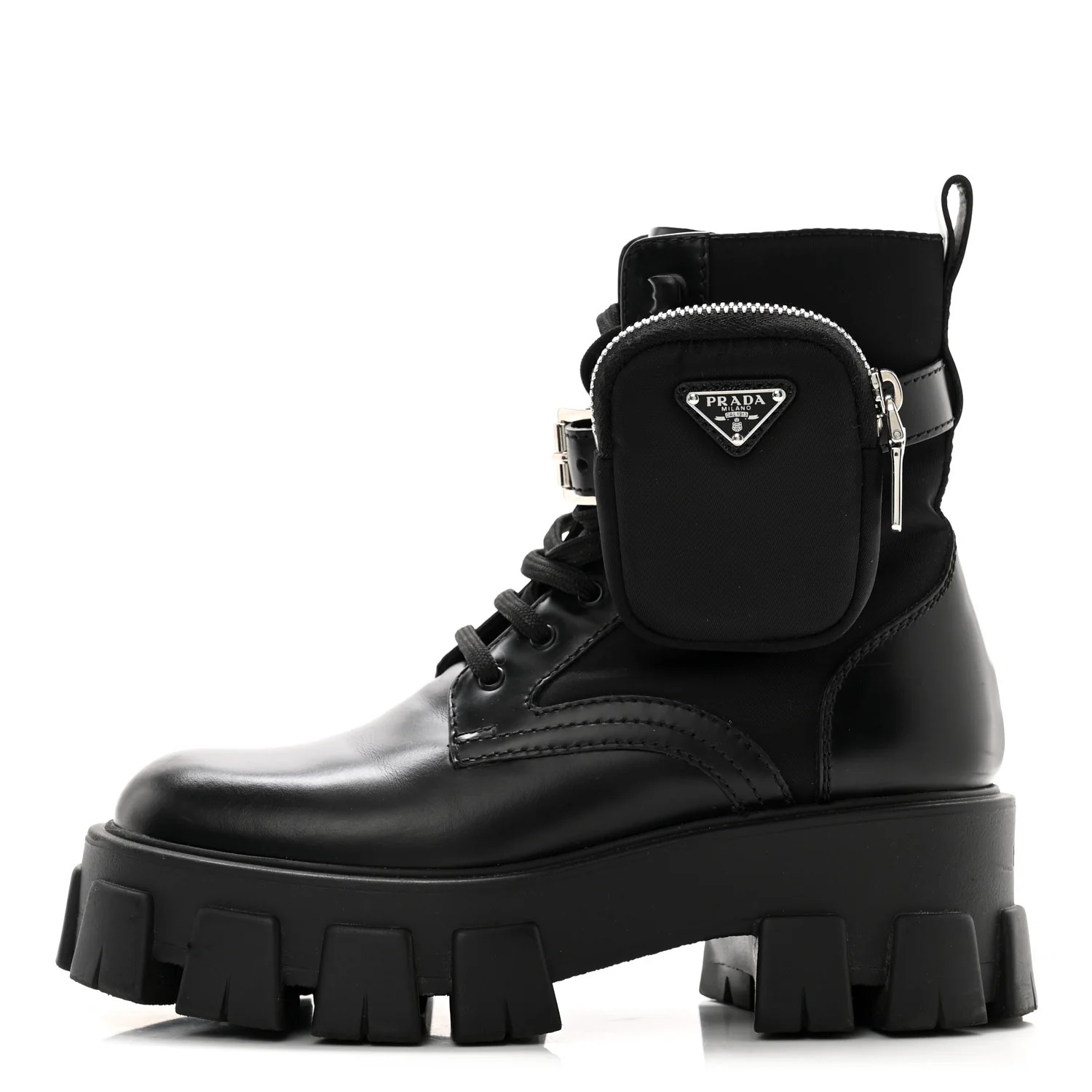Prada Spazzolato Rois Re-Nylon Metal Triangle Logo Monolith Pouch Pocket 55mm Boots 35.5 Black 15... | FASHIONPHILE (US)