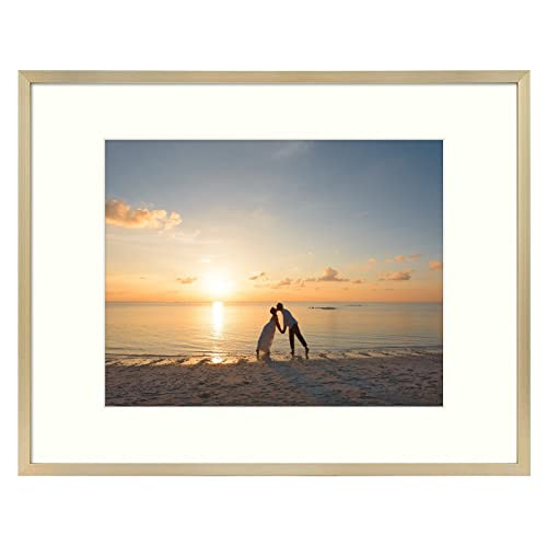 Golden State Art, 11x14 Picture Frame Gold Aluminum (Shiny Brushed) Display Pictures 8x10 with Mat or 11x14 Without Mat Wall Mounting Real Glass Metal Photo Frame | Amazon (US)