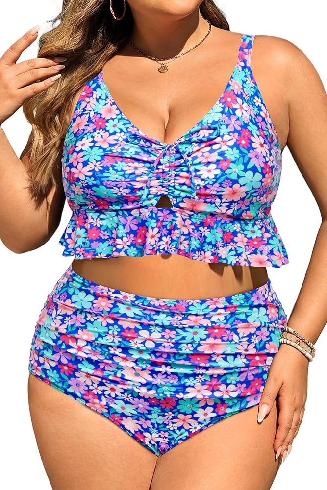 Daci Women Plus Size Two Piece Swimsuits - High Waisted Bikini Set Ruffle Tummy Control Bathing S... | Amazon (US)