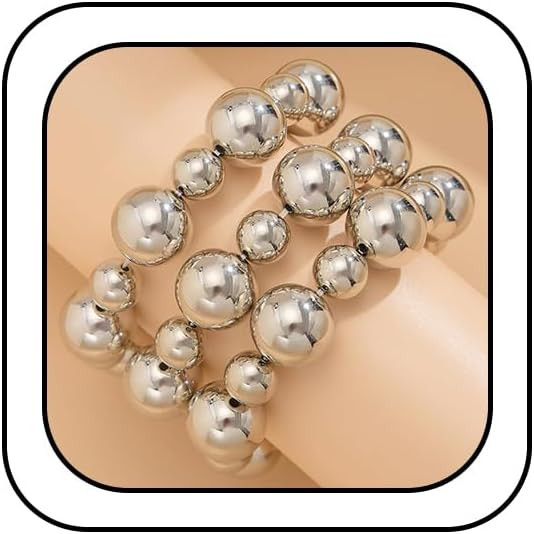 3Pcs Chunky Gold Large Beaded Bracelets Set Stackable for Women Trendy, Exaggerated Silver Big Ro... | Amazon (US)