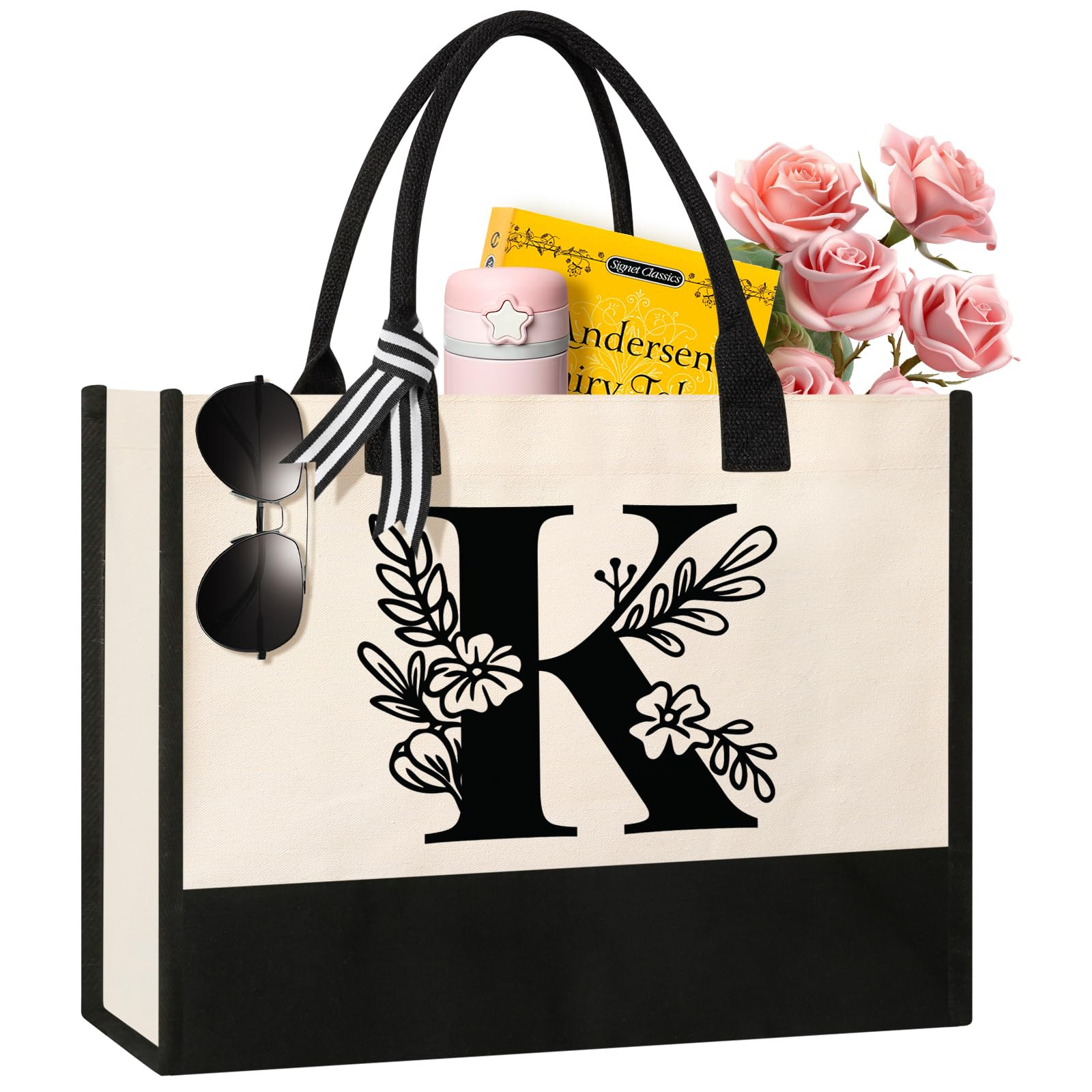 Personalized Initial Canvas Tote Bag, Suitable for Birthday, Wedding, Beach, Holiday, Gifts for W... | Amazon (US)