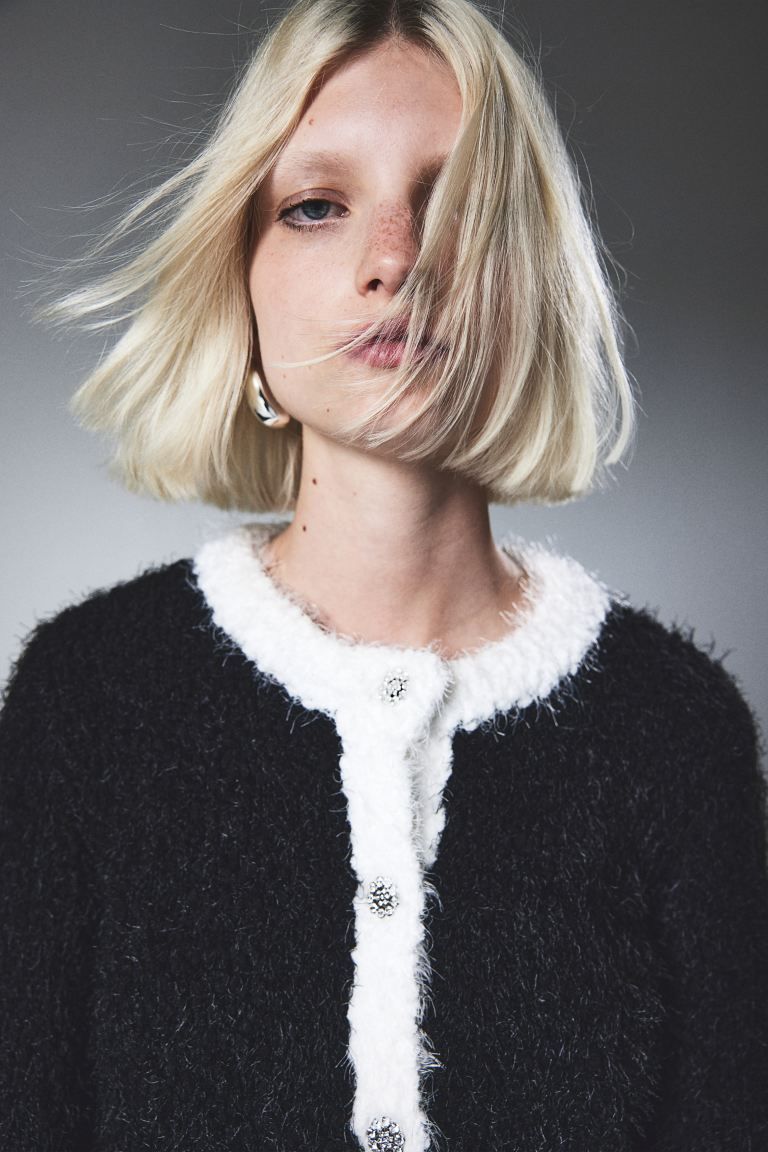 Rhinestone-button Fluffy-knit Cardigan - Natural white - Ladies | H&M US | H&M (US + CA)