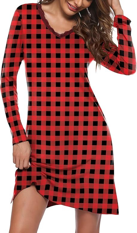 Ekouaer Long Sleeve Nightgowns for Women Sexy Lace Night Shirt V Neck Sleep Shirt Soft Sleepwear | Amazon (US)