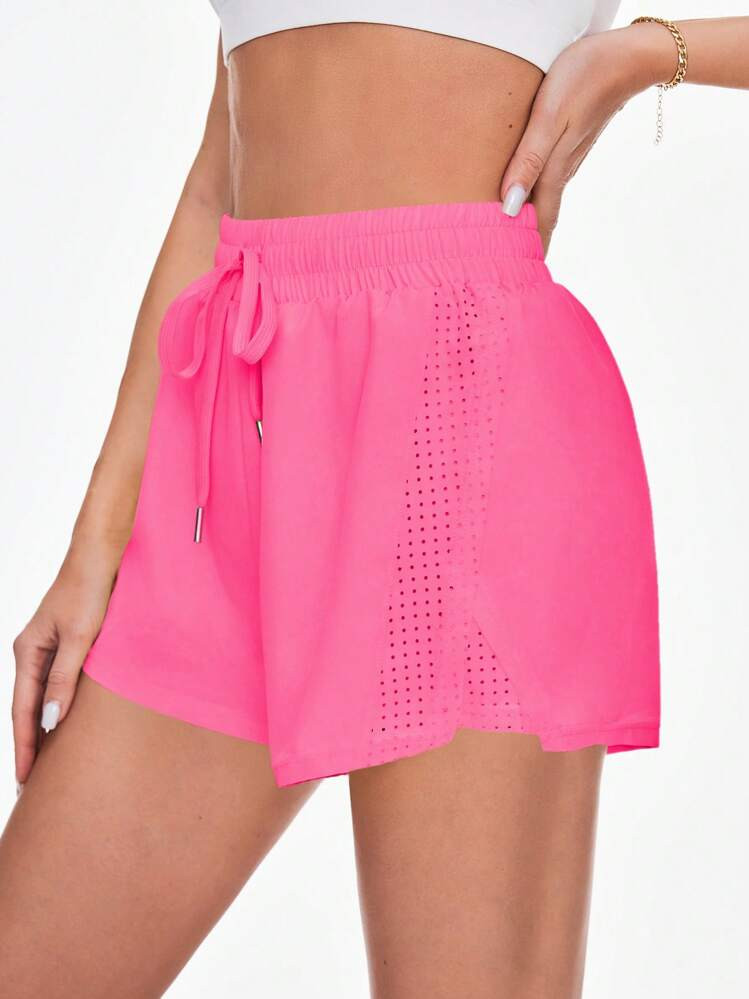 Easithlete Solid Color Hollow-Out Drawstring Waist Loose Pocket Sports Shorts Sweater Shorts | SHEIN