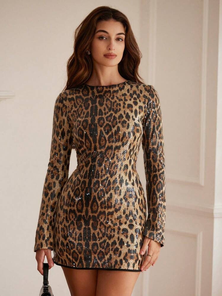 Aveloria Rosie Random Leopard Pattern Sparkling Mini Flare Hem Bodycon Long Sleeve Dress, Delicate Ruffled Cuffs, Women's Party Wedding Guest Formal Gown Holiday Party Dress  | SHEIN