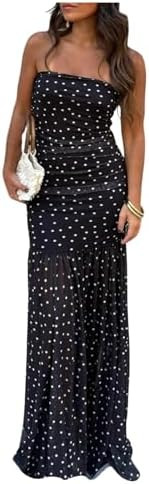 SHENHE Women's Polka Dots Strapless Maxi Dress Mesh Ruched Bodycon Wedding Guest Party Tube Dress | Amazon (US)