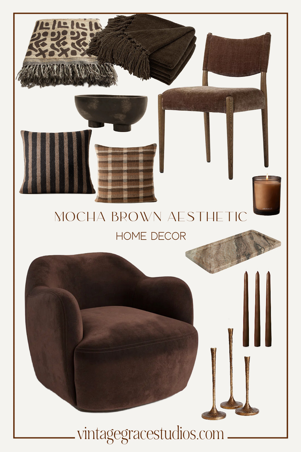 mocha aesthetic home decor! recent obsession!! 

accent chair, candlesticks, candlestick holder, marble tray, candle, throw pillows, bowl, planter, throw blanket, dining chair  

 #LTKHome