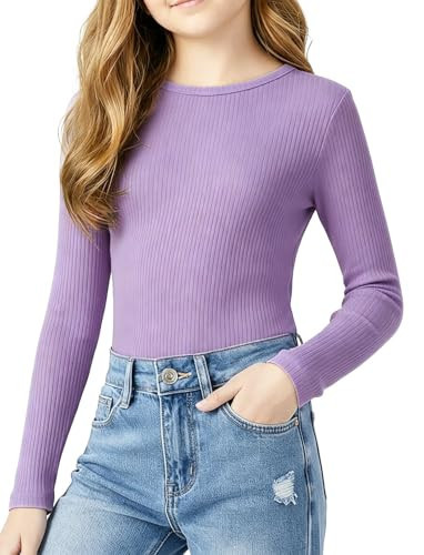 PATPAT Girl Purple Long Sleeve Shirt Ribbed Slim Fit Dressy Tops Tee 15-16Y | Amazon (US)