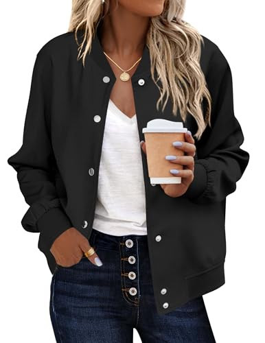 Zeagoo Bomber Jacket Women Varsity Jackets Spring Baseball Outfits Lightweight Pocketed Button-up Casual Moto Biker Outwear Solid Black | Amazon (US)